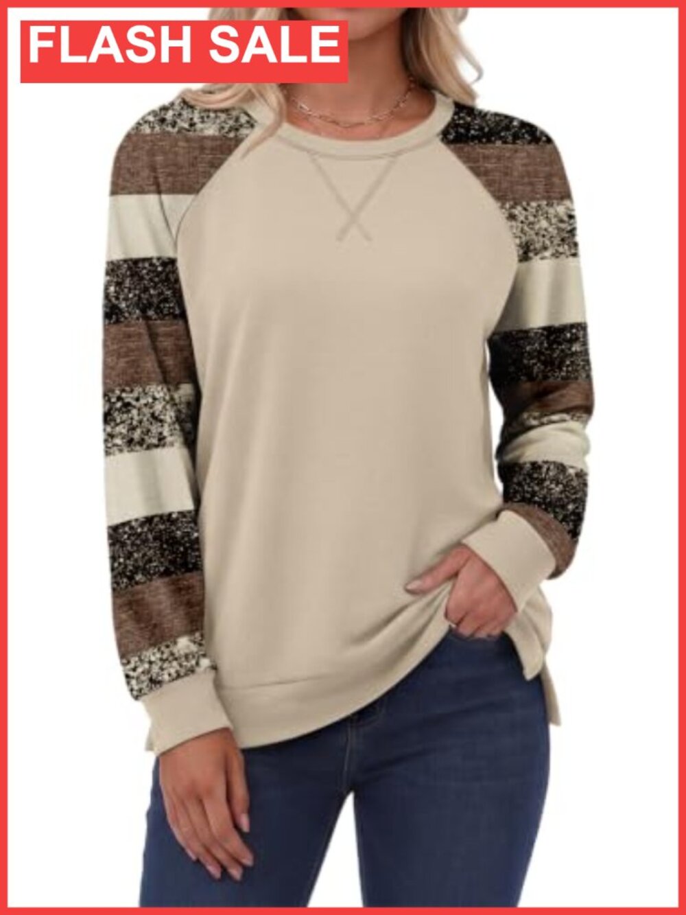 Oversized Color Block Sweatshirt Crewneck Long Sleeve Side Slit Pullover